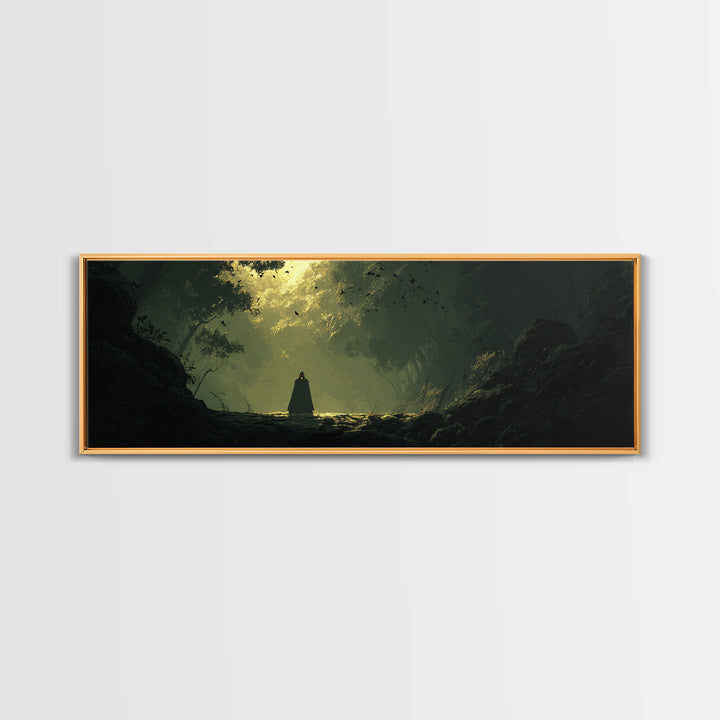 Cloaked Figure In Enchanted Forest Canvas Print, Dark Fantasy Landscape Art, Moody Wall Decor, Gothic Home Decor, Gift For Her