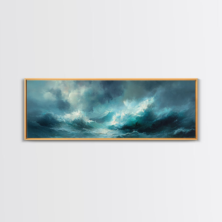 Stormy Teal Ocean Waves Wall Art, Moody Seascape Canvas Print, Coastal Living Room Decor, Large Abstract Ocean Painting Print