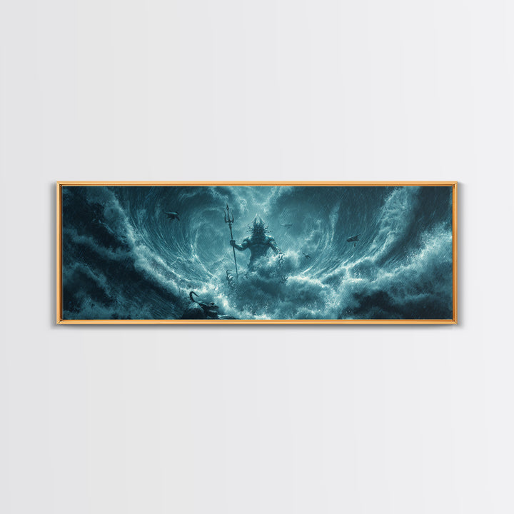 Storm God Rising From Ocean Waves Canvas Print, Poseidon Trident Fantasy Art, Dramatic Nautical Wall Decor For Men, Coastal Storm Artwork