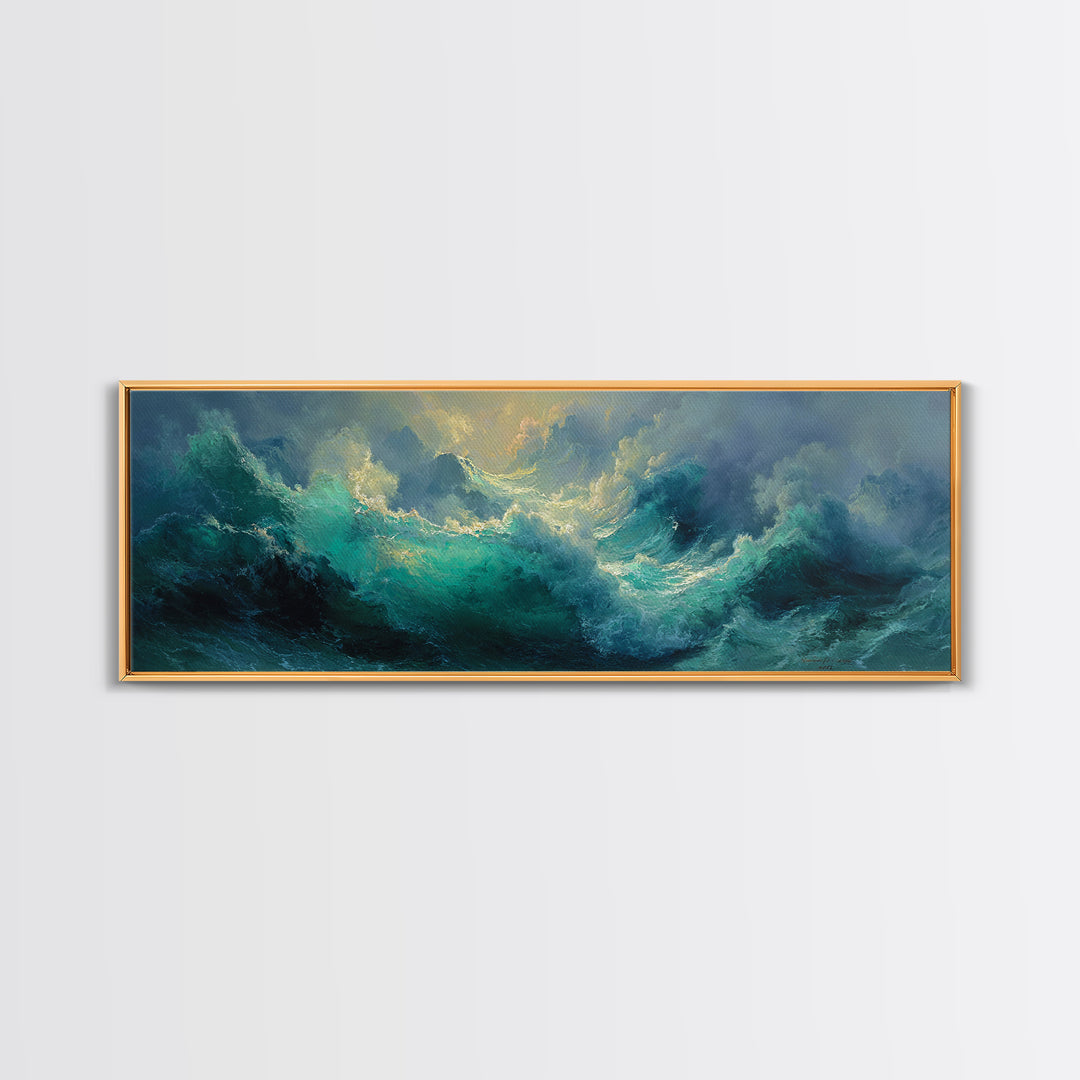 Stormy Turquoise Ocean Waves Framed Canvas Print, Moody Seascape, Coastal Wall Art, Nautical Decor, Large Horizontal Art