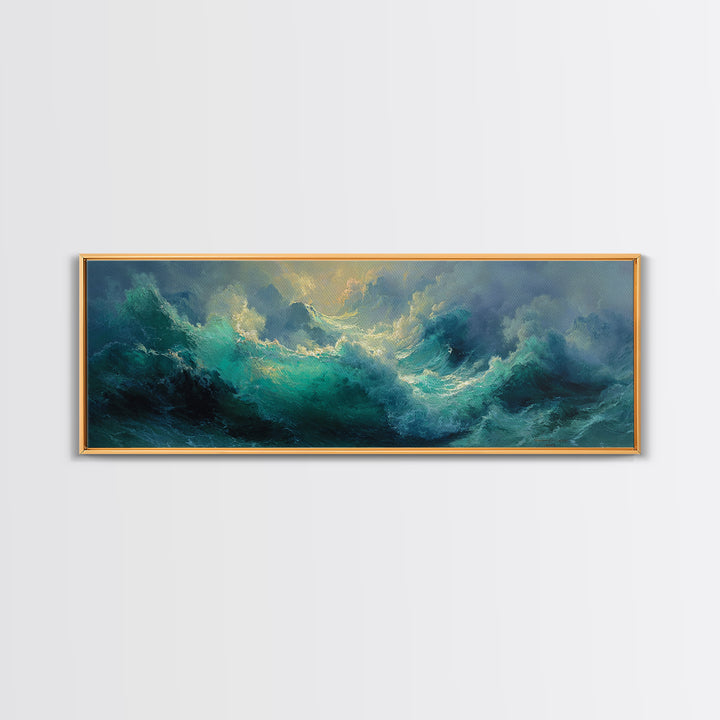 Stormy Turquoise Ocean Waves Framed Canvas Print, Moody Seascape, Coastal Wall Art, Nautical Decor, Large Horizontal Art