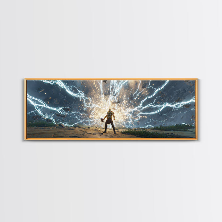 Armored Hero Facing Lightning Portal Canvas Print, Futuristic Sci Fi Wall Art, Cyberpunk Battle Decor, Epic Gaming Room Art