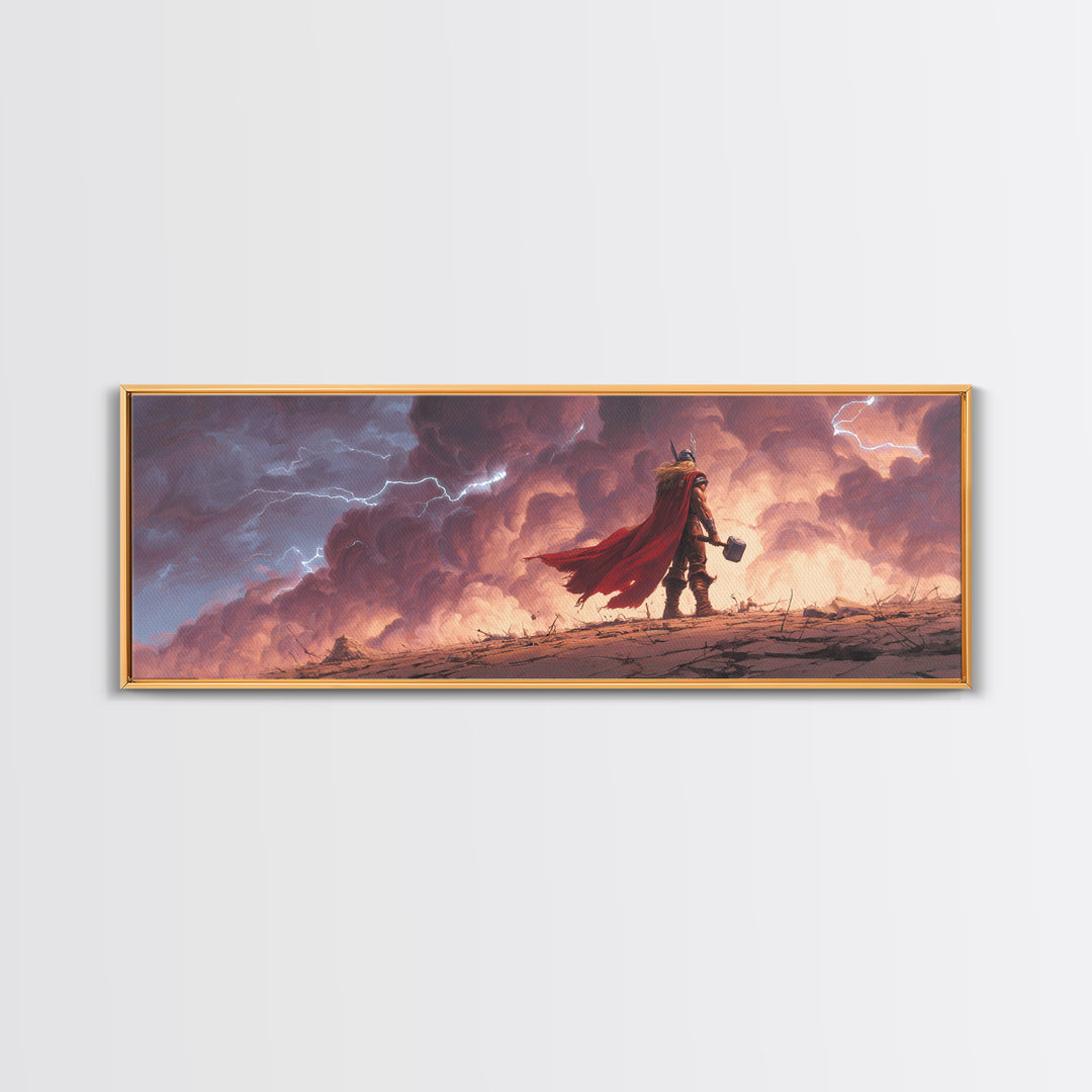 Storm God Warrior With Hammer Canvas Print, Epic Viking Fantasy Wall Art, Thunder Sky Decor, Dramatic Game Room Gift For Him