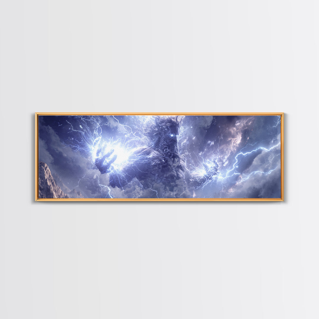 Colossal Storm Titan Wielding Lightning Canvas Print, Mythological Fantasy Wall Art, Thunder God Decor, Epic Mountain Artwork