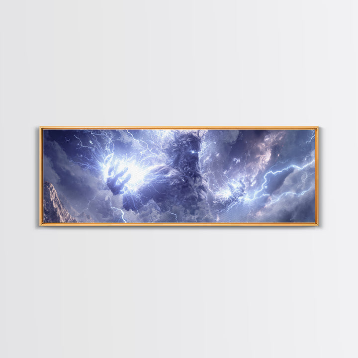 Colossal Storm Titan Wielding Lightning Canvas Print, Mythological Fantasy Wall Art, Thunder God Decor, Epic Mountain Artwork