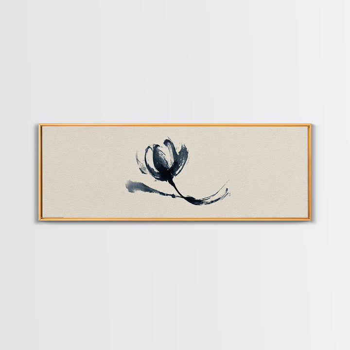 Minimalist Ink Flower On Textured Linen Wall Art, Botanical Canvas Print, Neutral Floral Decor, Japandi Bedroom Wall Art
