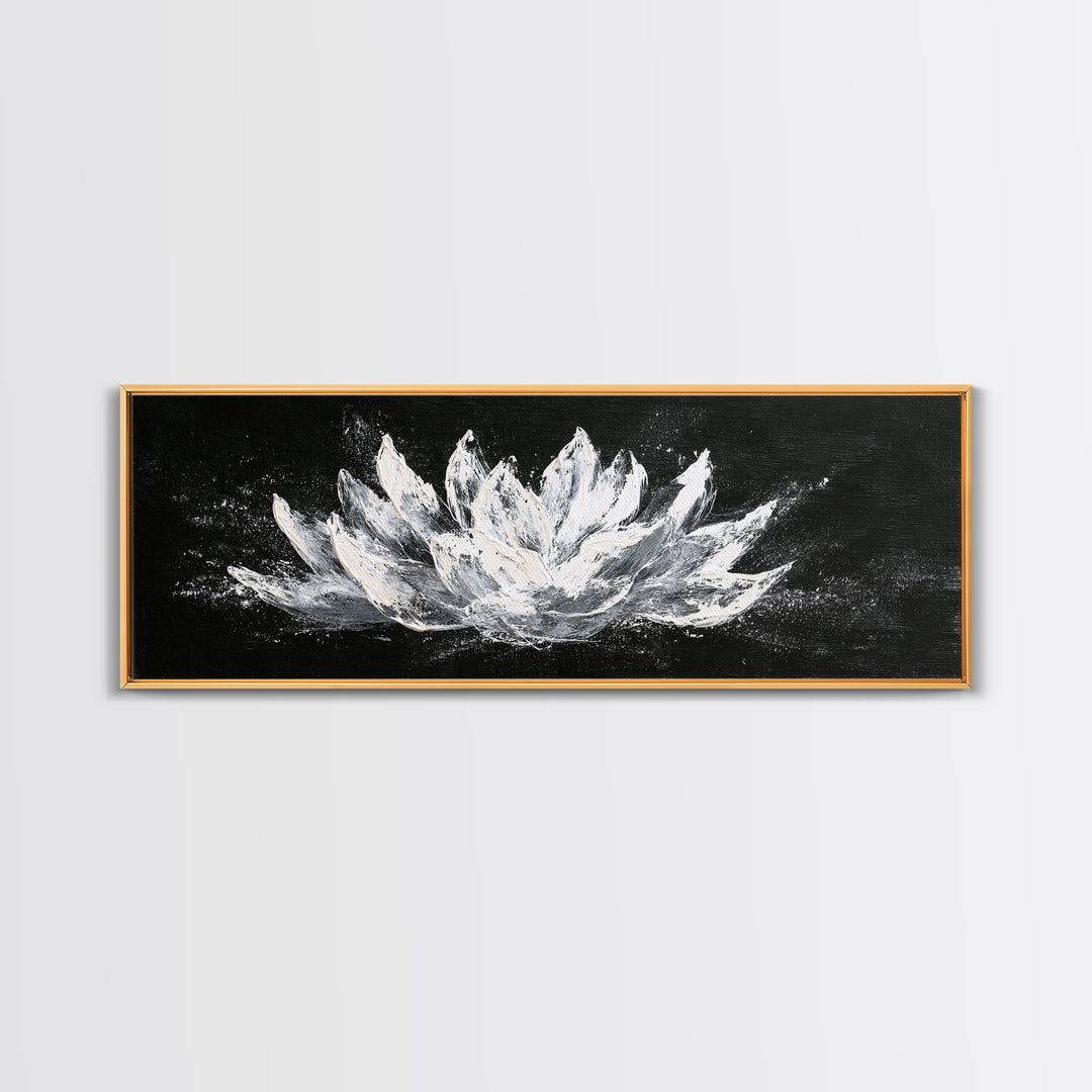 Black And White Lotus Flower Canvas Print, Textured Floral Painting, Minimalist Spa Decor, Elegant Modern Bathroom Wall Art