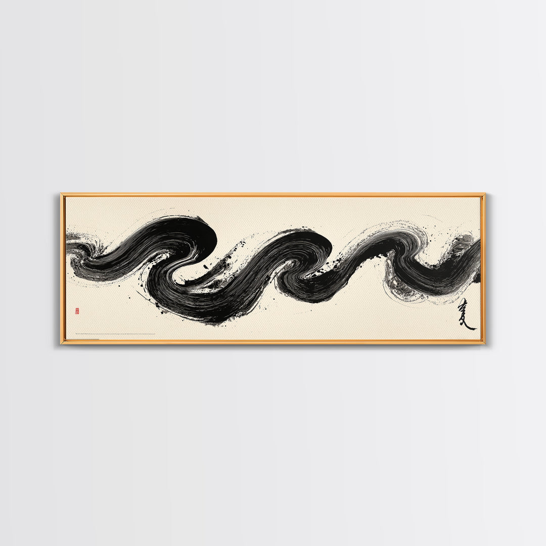 Abstract Black Ink Wave Brushstroke Wall Art, Minimalist Japanese Canvas Print, Zen Calligraphy Decor For Modern Home Wall Decor