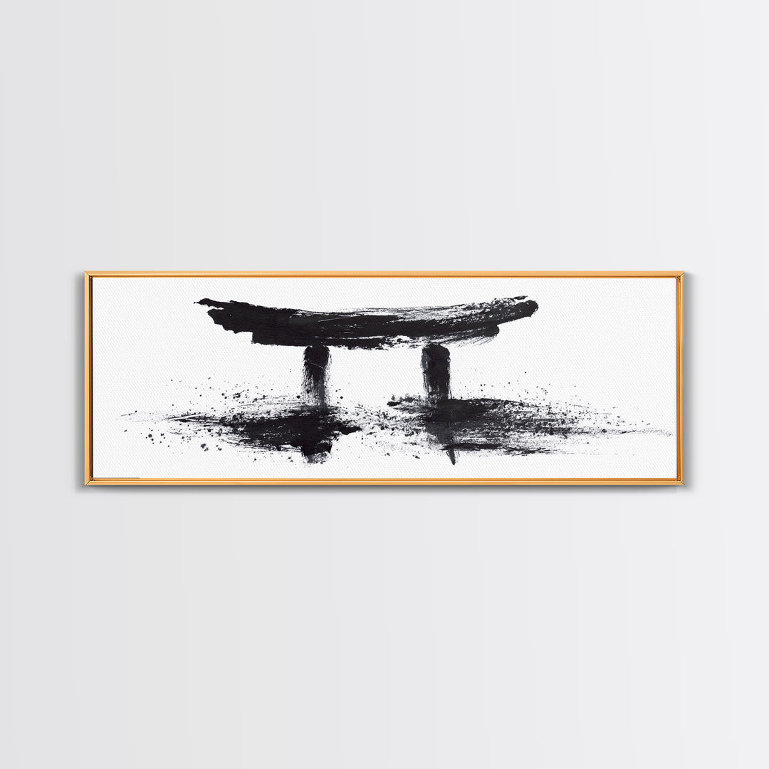 Black Ink Japanese Torii Gate Wall Art, Minimalist Canvas Print, Zen Calligraphy Decor, Black And White Japandi Office Wall Decor