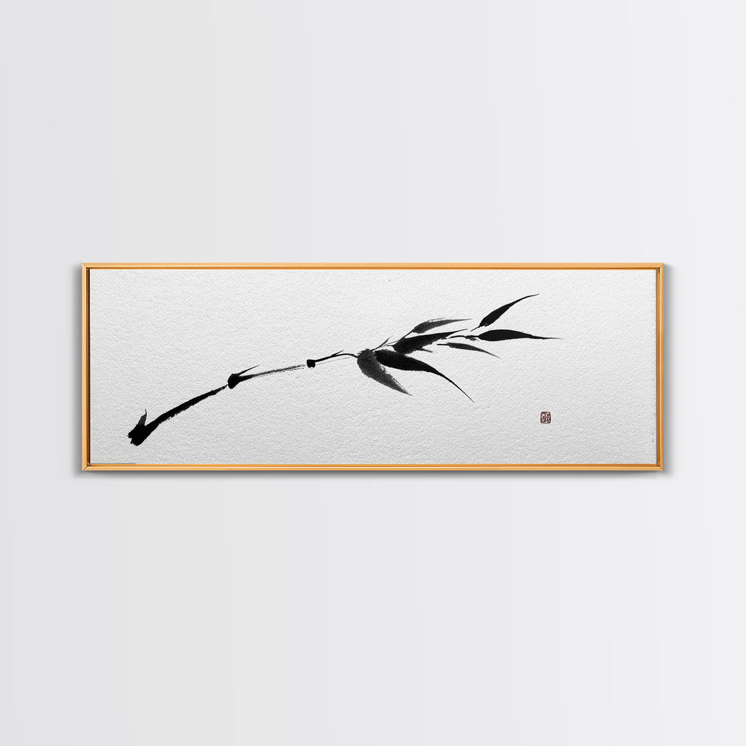 Minimalist Black Bamboo Ink Branch Wall Art, Japanese Zen Canvas Print, Monochrome Botanical Decor, Wabi Sabi Office Art