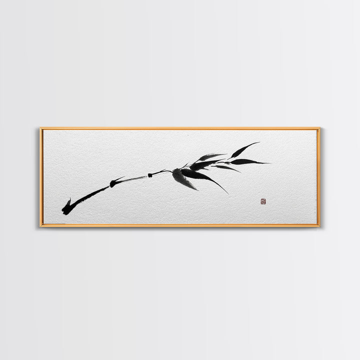 Minimalist Black Bamboo Ink Branch Wall Art, Japanese Zen Canvas Print, Monochrome Botanical Decor, Wabi Sabi Office Art