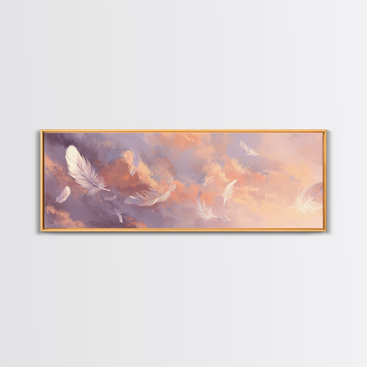 Floating White Feathers Canvas Print, Pastel Sky Wall Art, Dreamy Cloud Decor, Calming Bedroom Or Nursery Artwork Gift For Her