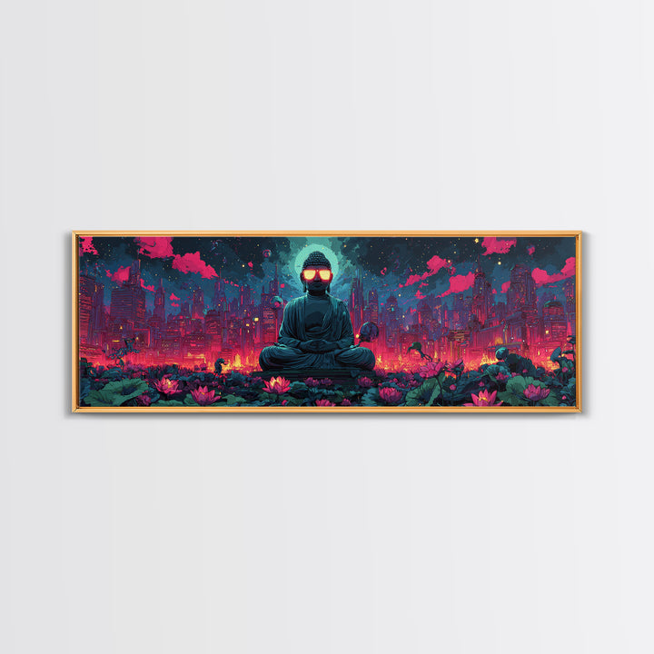 Neon Cyberpunk Buddha City Canvas Print, Futuristic Wall Art, Meditation Decor, Lotus Garden, Gaming Room Poster, Sci Fi Home Decor