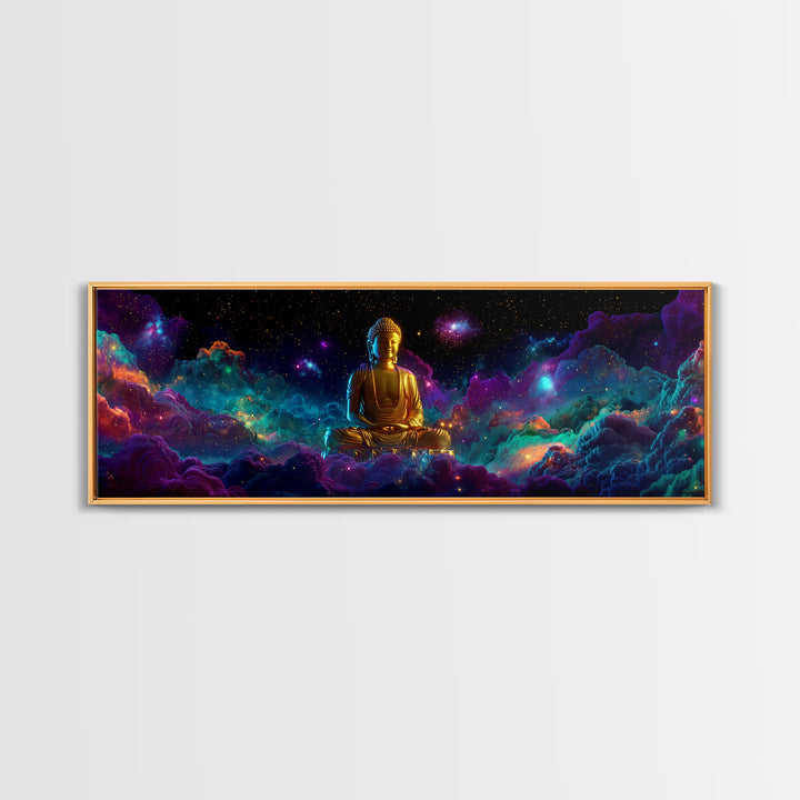 Golden Buddha In Cosmic Nebula Clouds Wall Art, Meditation Room Decor, Spiritual Canvas, Yoga Studio, Celestial Print Gift