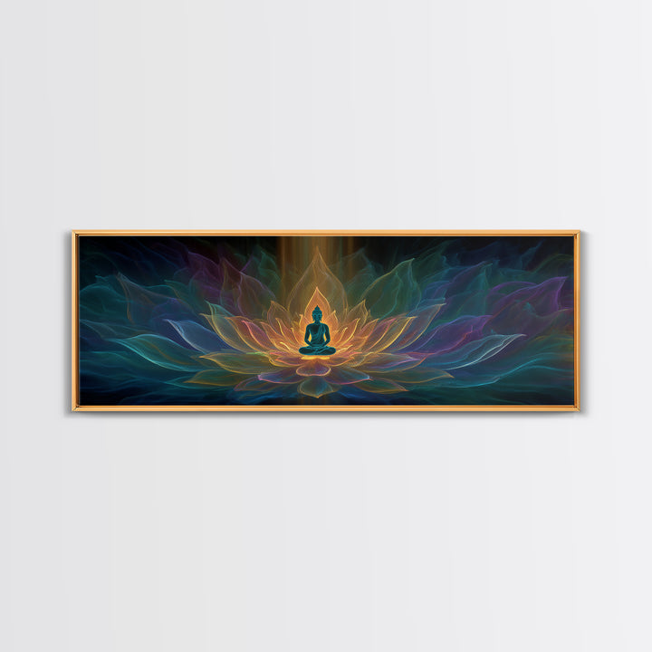 Glowing Buddha Lotus Meditation Canvas Print, Spiritual Zen Wall Decor, Yoga Room Art, Sacred Geometry, Calming Home Decor