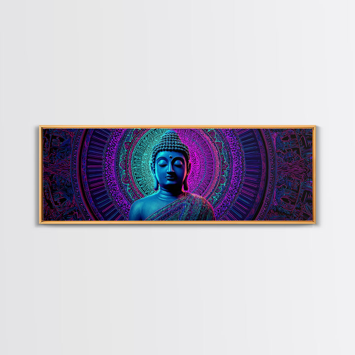 Neon Blue Buddha Meditation Wall Art, Framed Canvas Print, Zen Spiritual Decor, Mandala Yoga Room And Calming Spa Wall Decor