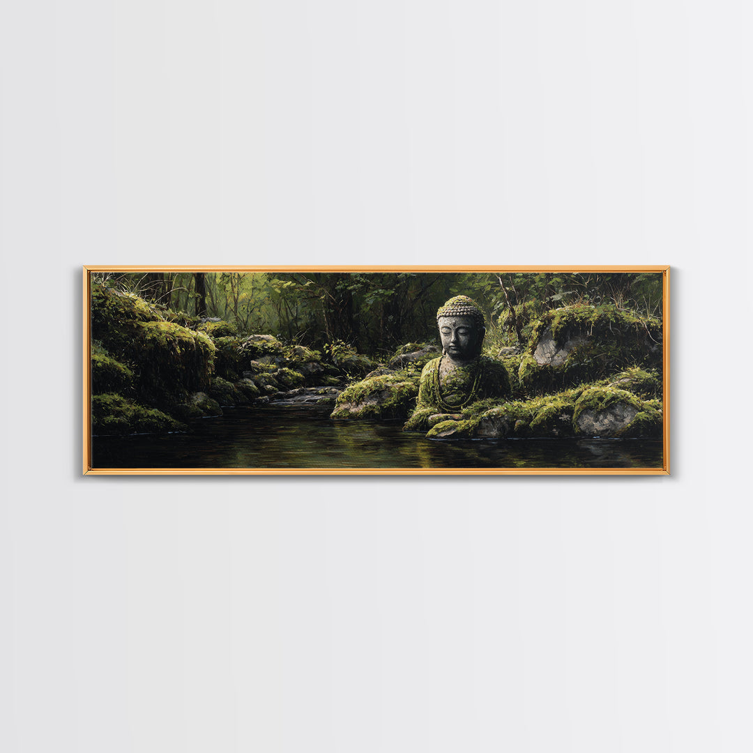 Mossy Buddha Forest Stream Wall Art, Zen Meditation Canvas Print For Spa Decor, Japandi Bathroom Decor And Nature Wall Art
