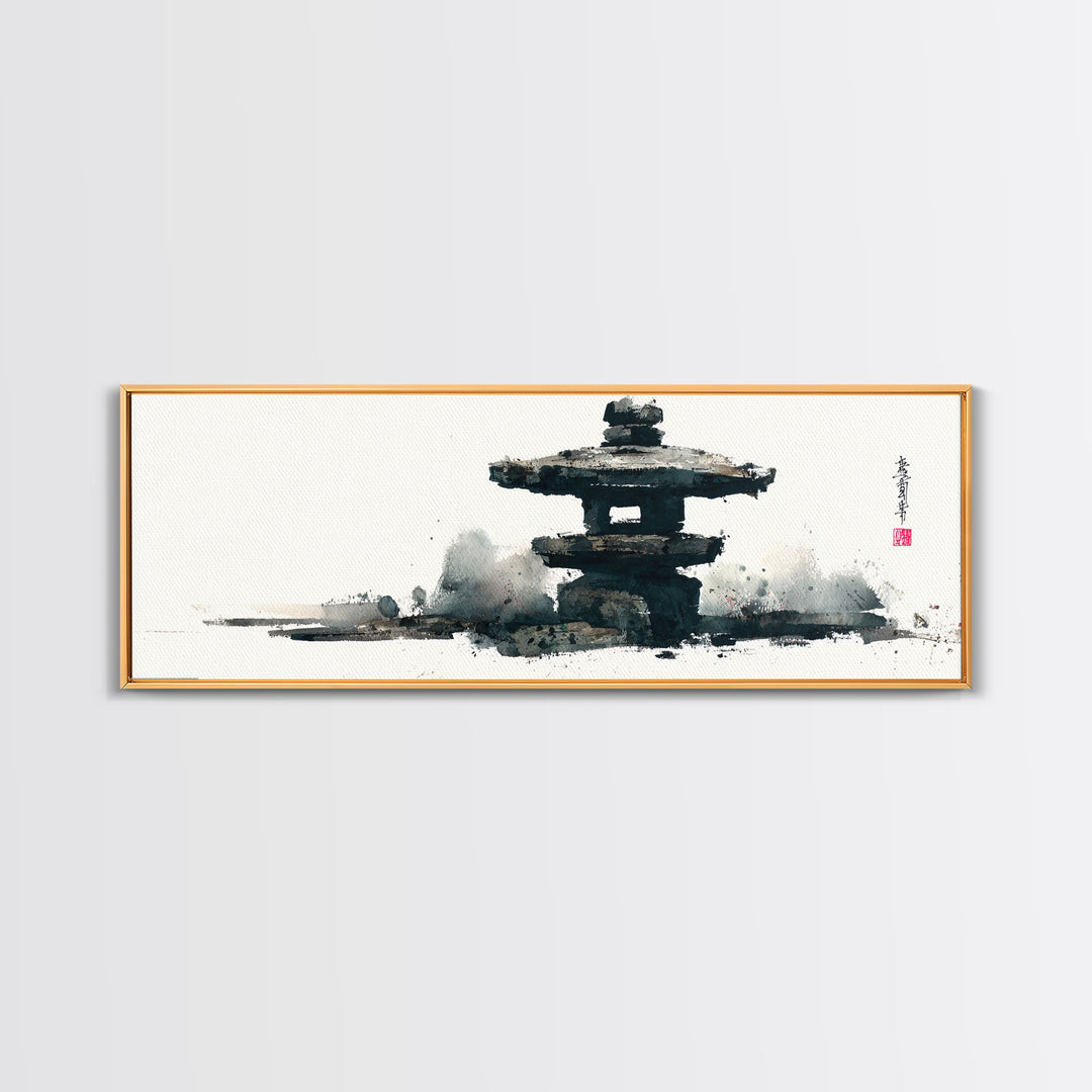 Minimal Japanese Pagoda Ink Wash Wall Art, Zen Framed Canvas Print For Japandi Decor, Asian Wall Decor And Meditation Room