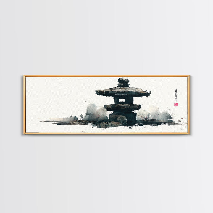 Minimal Japanese Pagoda Ink Wash Wall Art, Zen Framed Canvas Print For Japandi Decor, Asian Wall Decor And Meditation Room