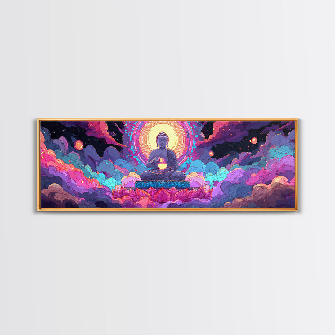 Radiant Buddha Lotus Meditation Canvas Print, Psychedelic Celestial Wall Art For Yoga Studio, Spiritual Home Decor Print