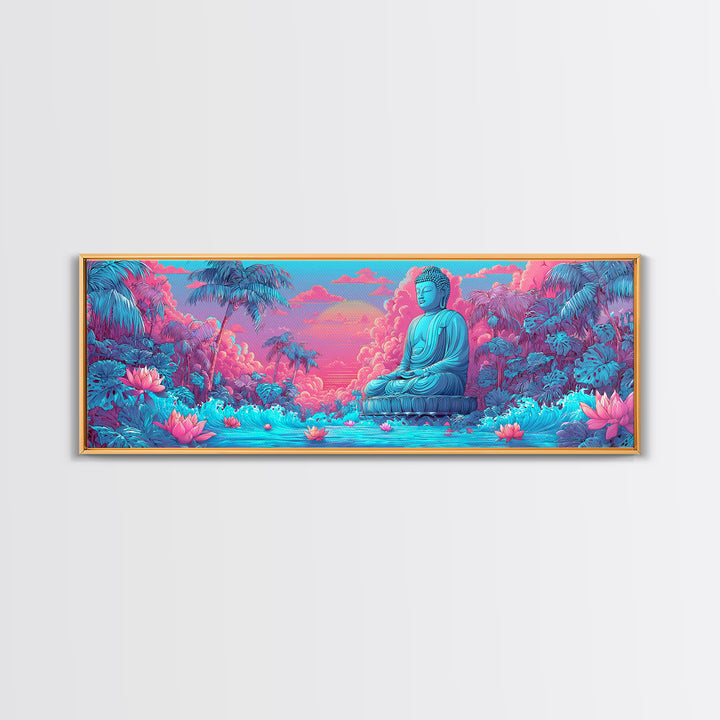Pink Blue Buddha Garden Wall Art, Zen Meditation Canvas Print, Lotus Flower Spiritual Decor, Tropical Calming Room Art Print