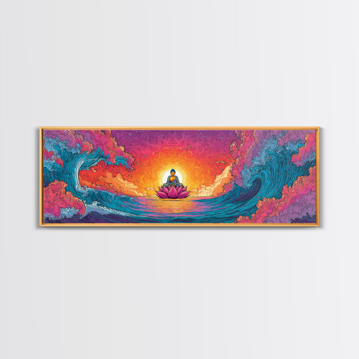 Pixel Buddha On Lotus Waves Wall Art, Celestial Meditation Canvas Print, Zen Yoga Room Decor, Vibrant Spiritual Gift For Home Decor