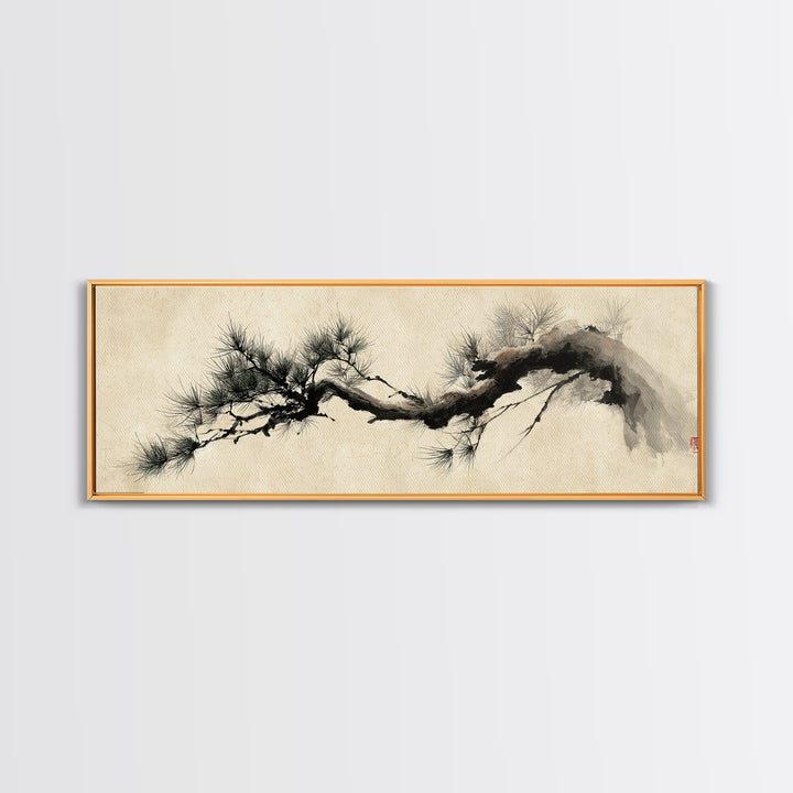 Japanese Ink Pine Branch Wall Art, Minimalist Zen Canvas Print, Asian Botanical Decor, Wabi Sabi Living Room Art, Home Decor