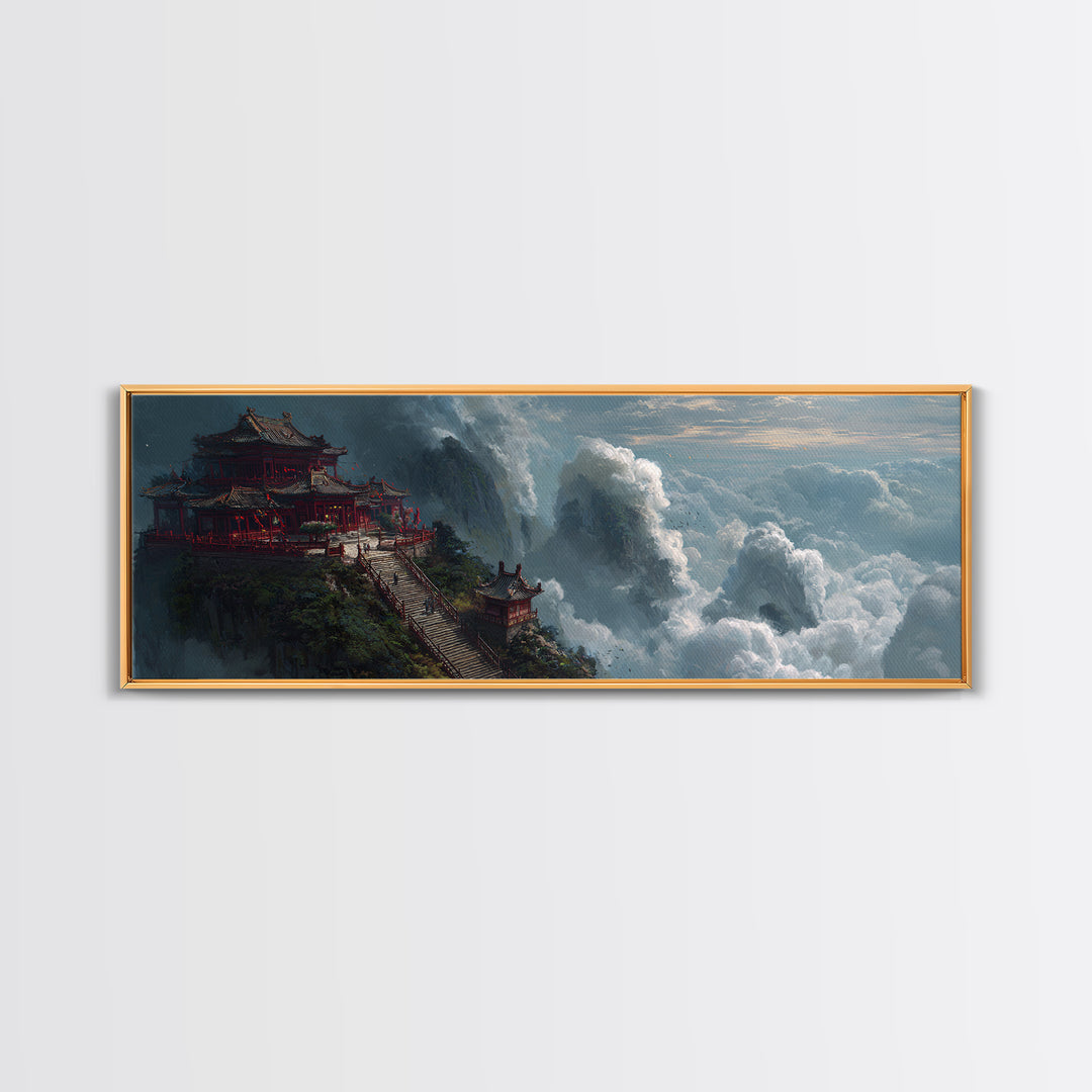 Cloud Temple Mountain Wall Art, Asian Pagoda Fantasy Landscape, Zen Home Decor Framed Canvas Print, Large Living Room Art
