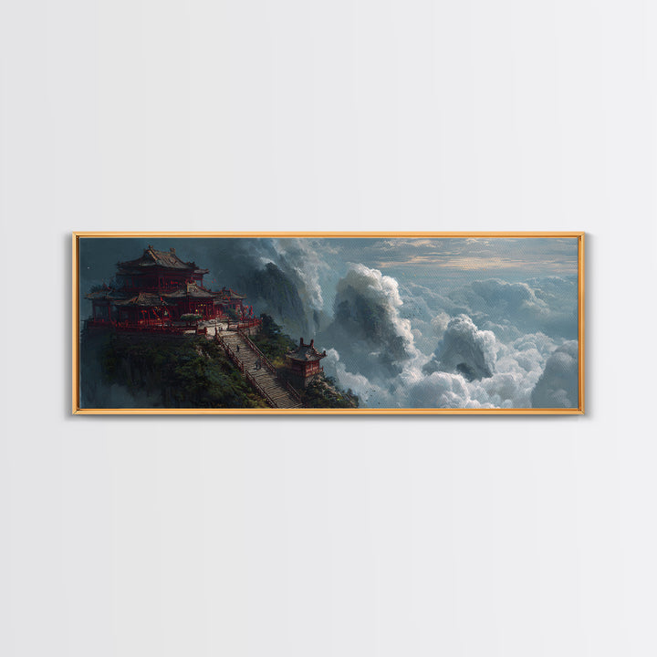 Cloud Temple Mountain Wall Art, Asian Pagoda Fantasy Landscape, Zen Home Decor Framed Canvas Print, Large Living Room Art