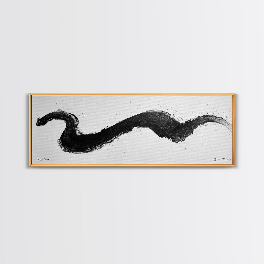 Black Brushstroke Abstract Wall Art, Minimalist Ink Canvas Print, Black And White Modern Office Decor, Horizontal Wall Art