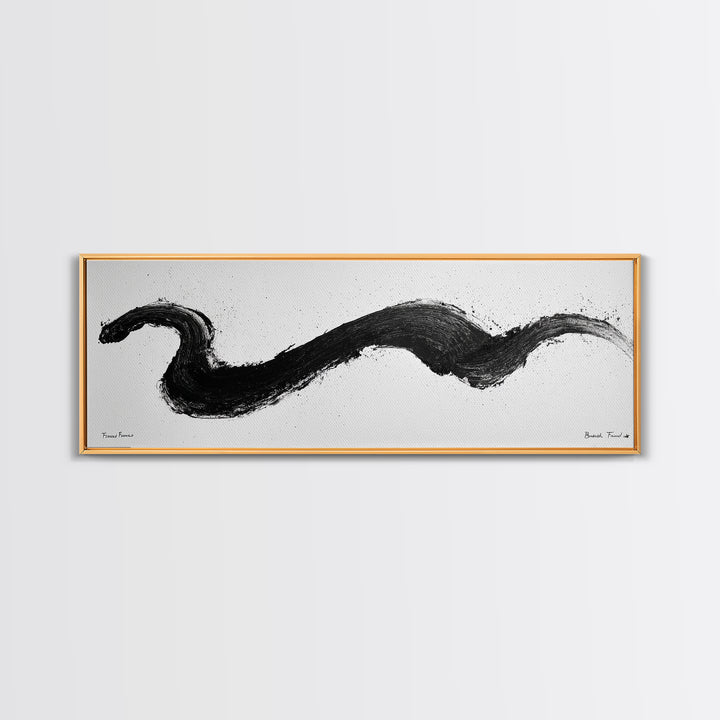Black Brushstroke Abstract Wall Art, Minimalist Ink Canvas Print, Black And White Modern Office Decor, Horizontal Wall Art