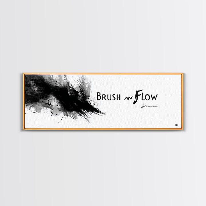 Brush And Flow Black Ink Canvas Print, Abstract Calligraphy Wall Art, Minimalist Black And White Office Wall Decor Print