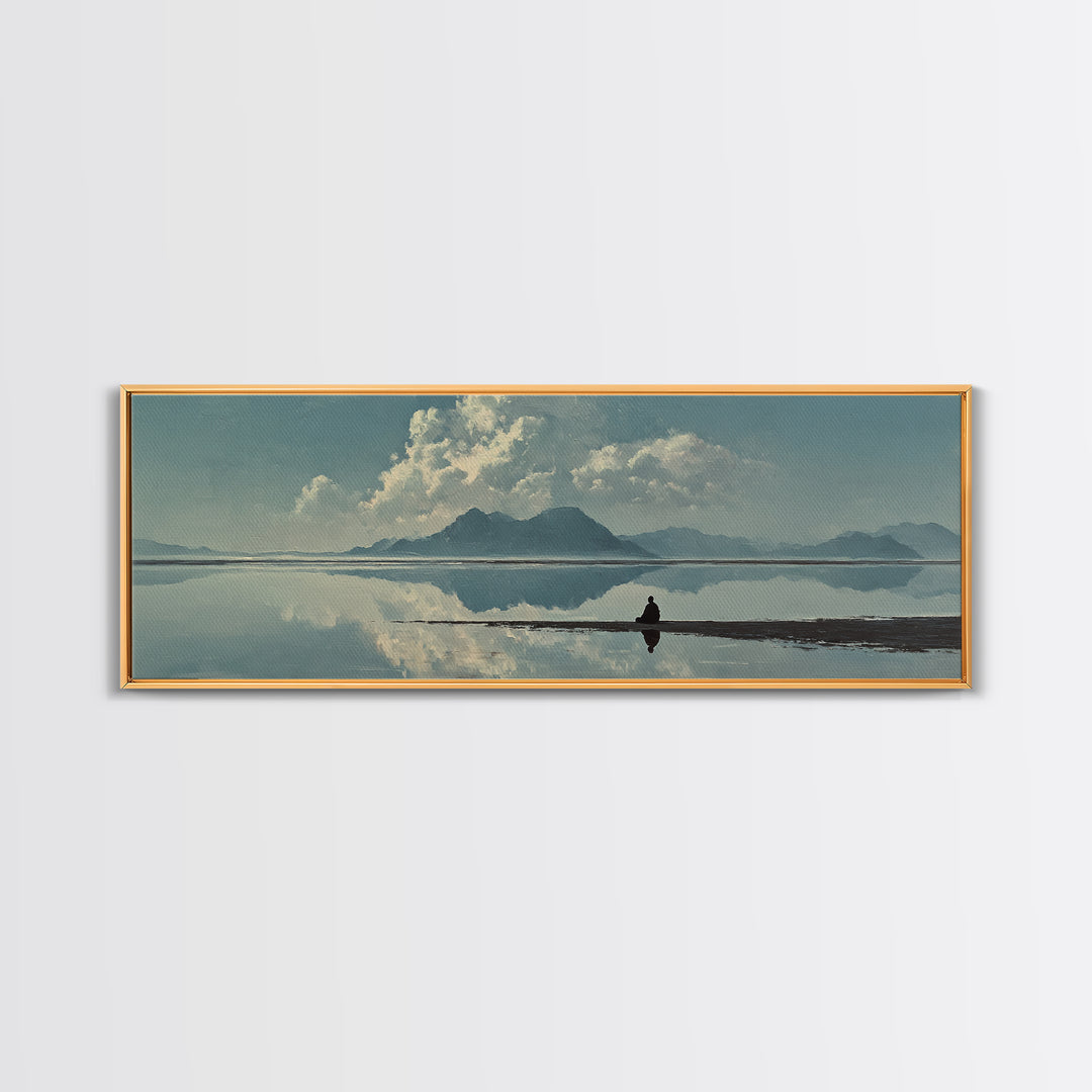 Quiet Mountain Lake Reflection With Lone Figure, Minimalist Wall Art, Landscape Canvas Print, Neutral Living Room Decor