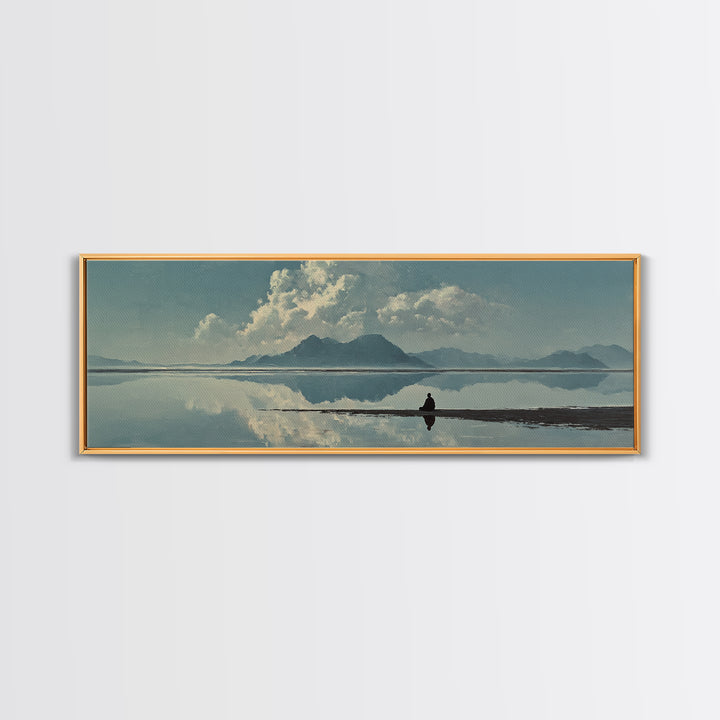 Quiet Mountain Lake Reflection With Lone Figure, Minimalist Wall Art, Landscape Canvas Print, Neutral Living Room Decor