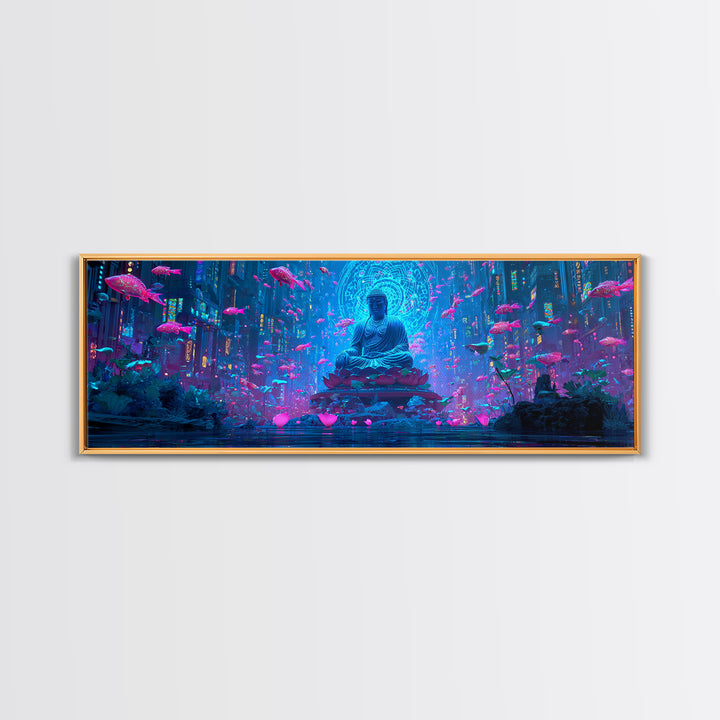 Neon Buddha Fish Temple Canvas Print, Zen Cyberpunk Wall Art, Meditation Room Decor, Futuristic Spiritual Wall Art Print