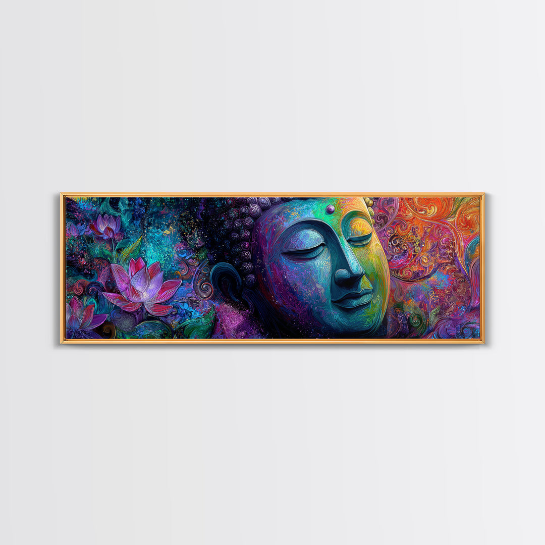 Vibrant Buddha With Lotus Framed Canvas Print, Psychedelic Spiritual Wall Art, Meditation Decor, Colorful Yoga Room Art Print