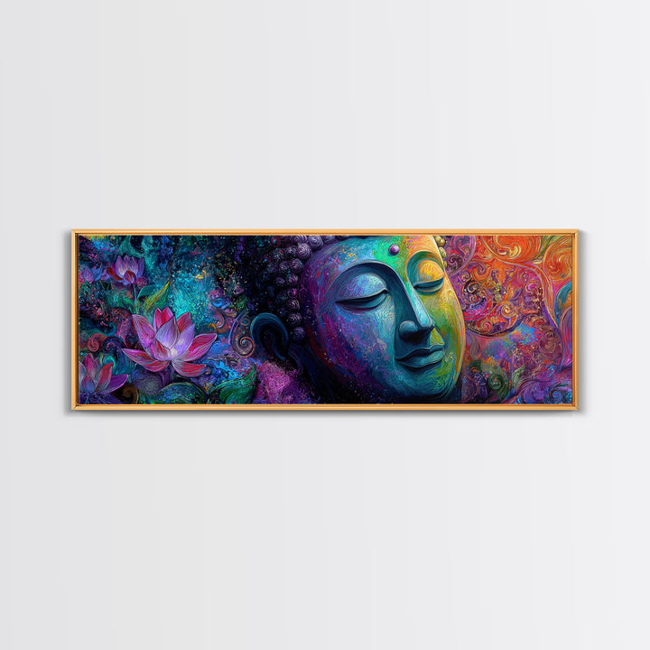 Vibrant Buddha With Lotus Framed Canvas Print, Psychedelic Spiritual Wall Art, Meditation Decor, Colorful Yoga Room Art Print