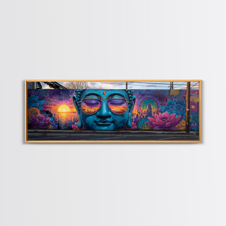 Buddha Mural With Sunset Sunglasses Wall Art, Urban Graffiti Canvas Print, Meditation Decor, Lotus Street Art, Calming Zen Gift