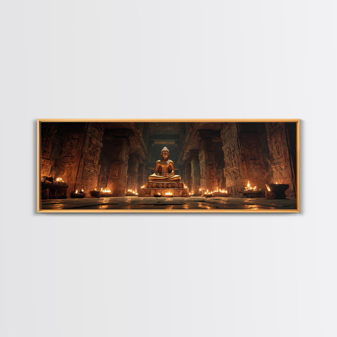 Golden Buddha In Candlelit Temple Framed Canvas Print, Spiritual Meditation Wall Art, Zen Spa Decor For Prayer Room And Yoga Room