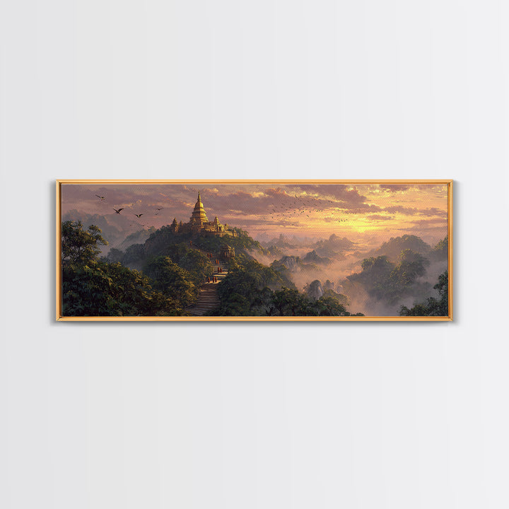 Golden Mountain Pagoda Temple Wall Art, Asian Jungle Sunrise Canvas, Spiritual Landscape Print, Meditation Room Decor, Zen Home Decor