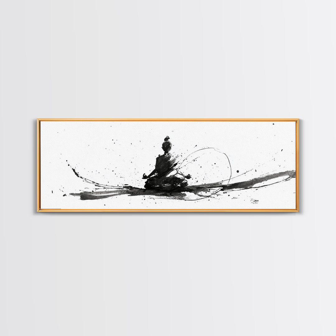 Minimalist Ink Meditation Figure Wall Art, Black And White Zen Canvas Print, Mindfulness Decor For Yoga Studio And Office