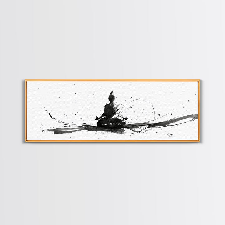 Minimalist Ink Meditation Figure Wall Art, Black And White Zen Canvas Print, Mindfulness Decor For Yoga Studio And Office