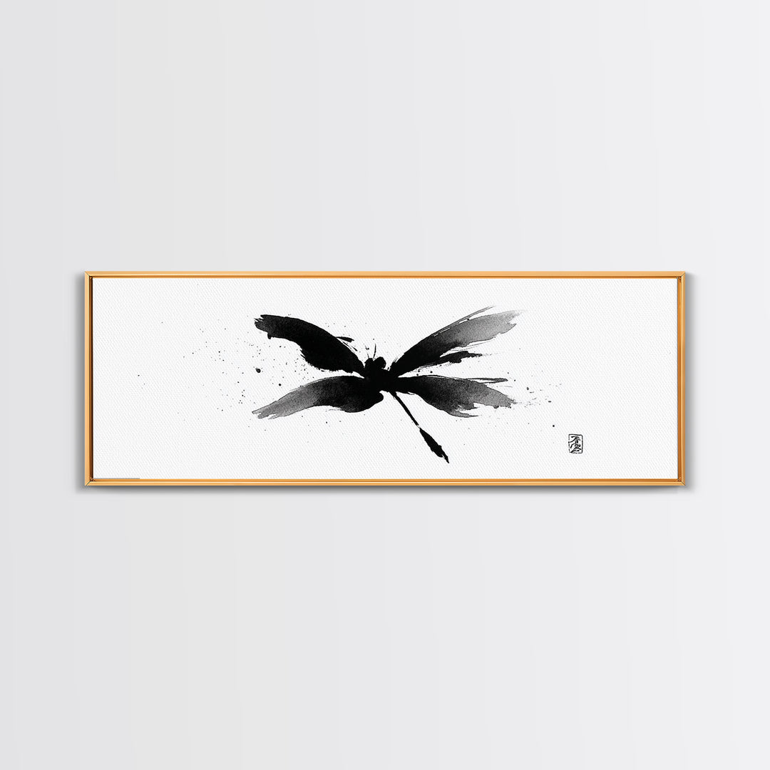 Black Ink Dragonfly Wall Art, Minimalist Japanese Brush Painting, Zen Decor, Black And White Art, Horizontal Canvas Print