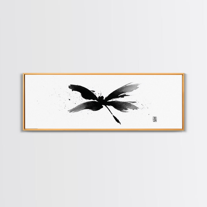 Black Ink Dragonfly Wall Art, Minimalist Japanese Brush Painting, Zen Decor, Black And White Art, Horizontal Canvas Print
