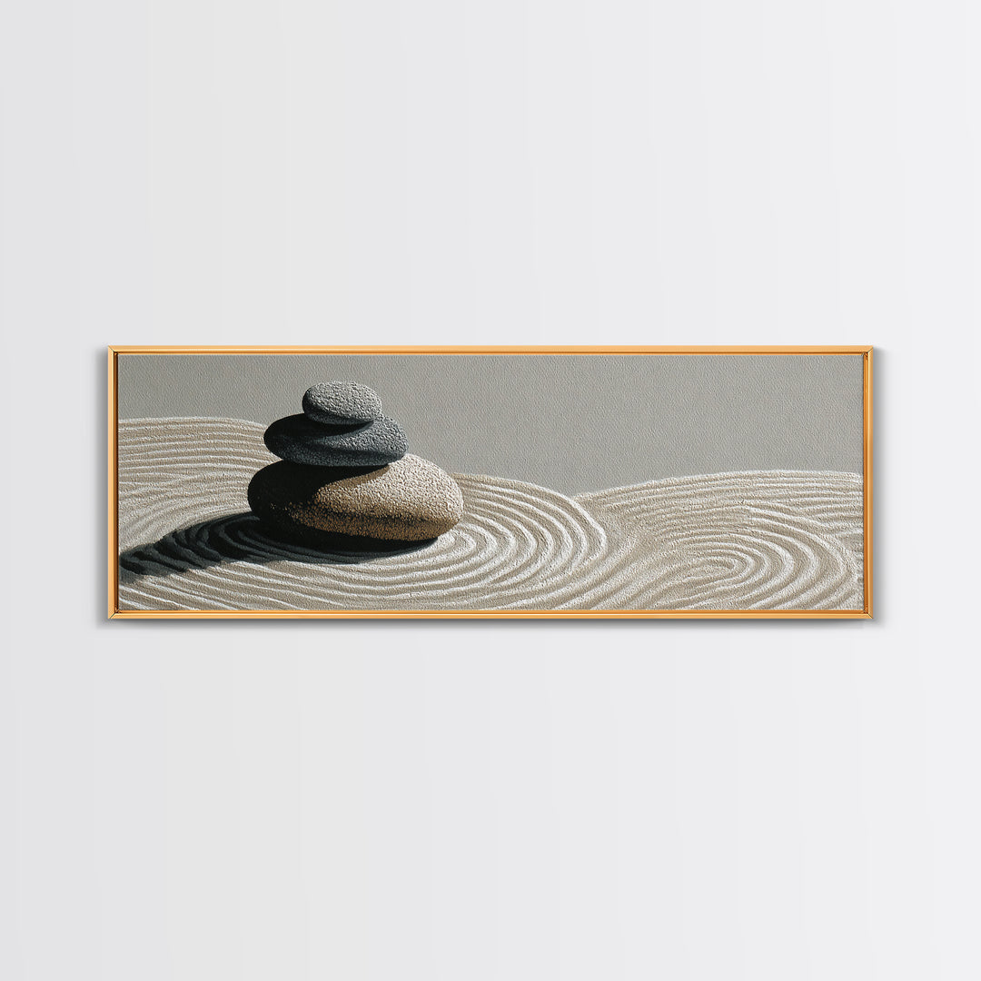 Raked Sand Zen Stones Wall Art, Minimalist Canvas Print, Japandi Spa Decor, Neutral Wabi Sabi Calming Meditation Room Decor