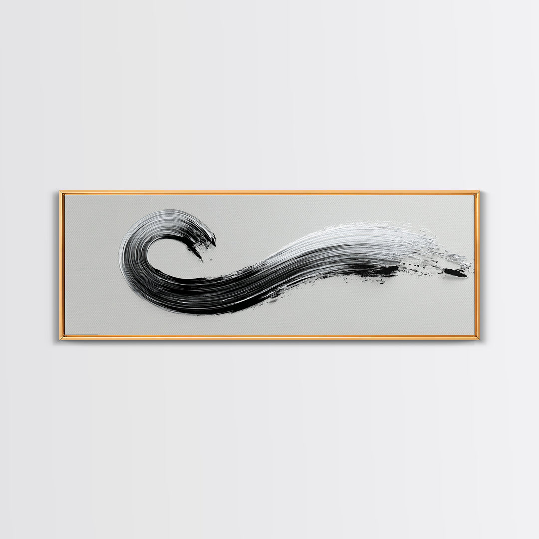 Black Ink Wave Canvas Print, Minimalist Wall Art, Japanese Sumi Painting, Abstract Line Art, Neutral Decor, Zen Office Poster