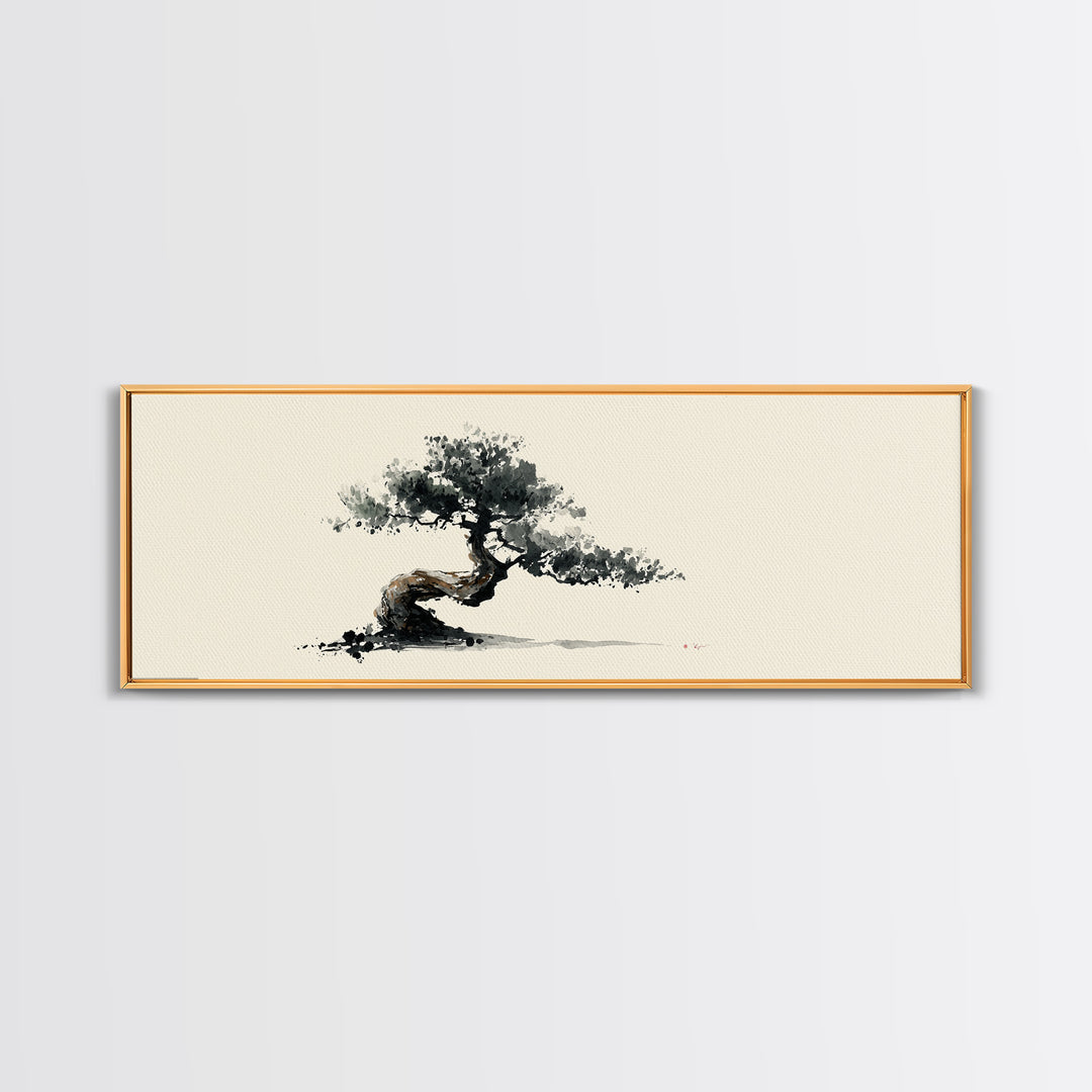 Minimalist Bonsai Tree Wall Art, Japanese Ink Painting Print, Zen Home Decor, Japandi Office Art, Calming Nature Canvas Print