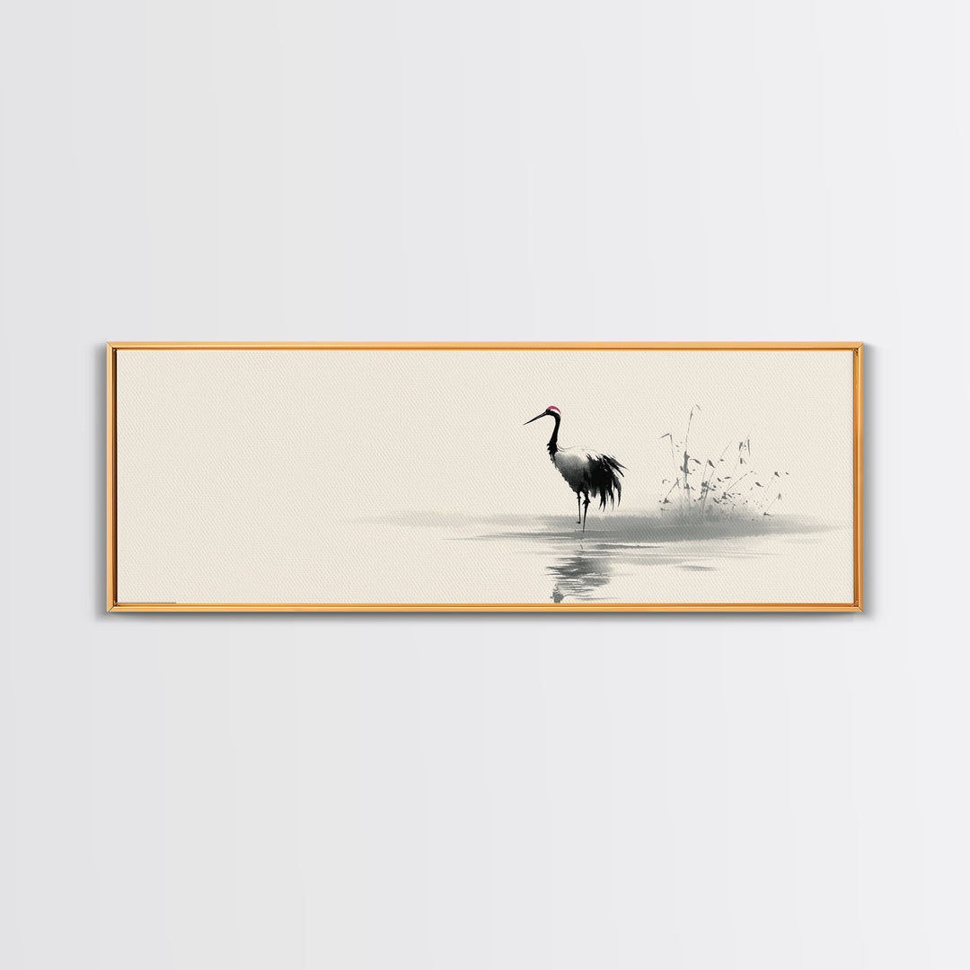 Minimalist Crane By Water Framed Canvas Print, Japanese Wall Art, Zen Bird Illustration, Neutral Living Room Decor, Fine Art Print