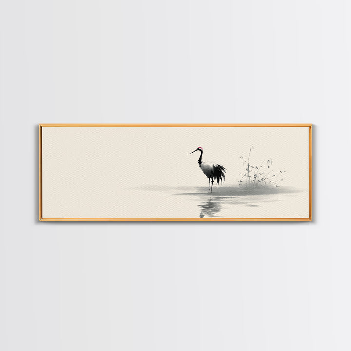 Minimalist Crane By Water Framed Canvas Print, Japanese Wall Art, Zen Bird Illustration, Neutral Living Room Decor, Fine Art Print