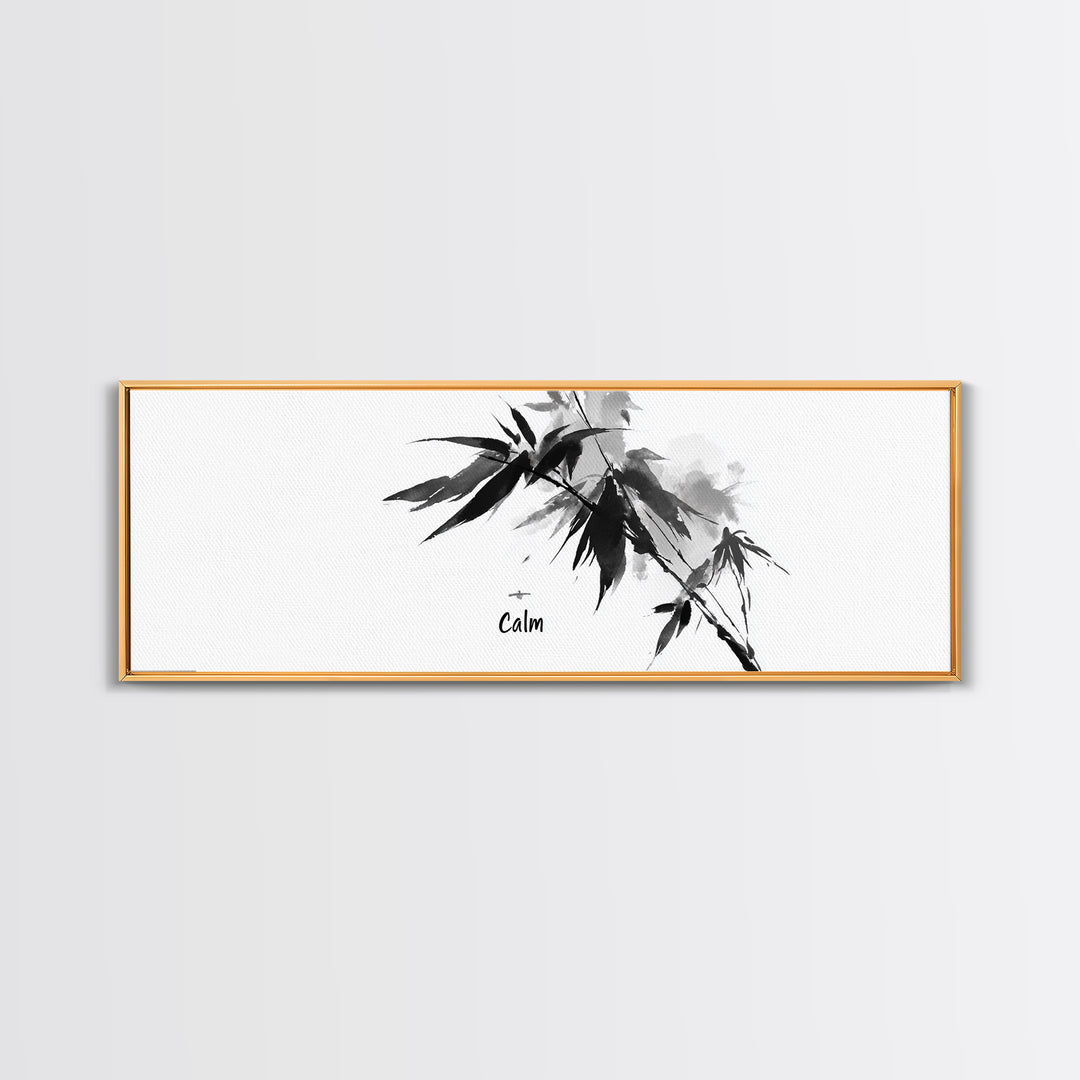 Black Ink Bamboo Calm Wall Art, Minimalist Japanese Zen Brush Painting, Black And White Decor, Peaceful Meditation Canvas Print
